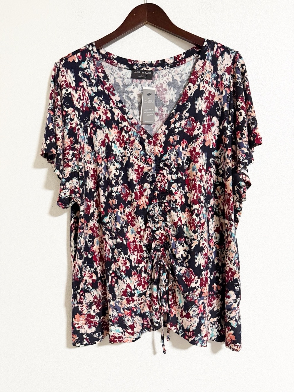 NEW Lane Bryant Illusion Collection Abstract Floral Drawstring Knit Top